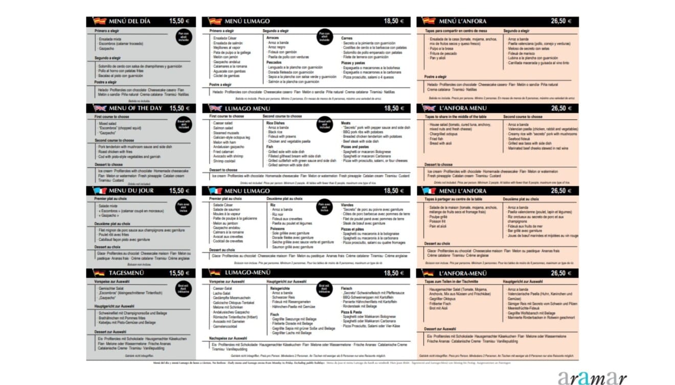 Carta Restaurante l'Anfora, menú del día