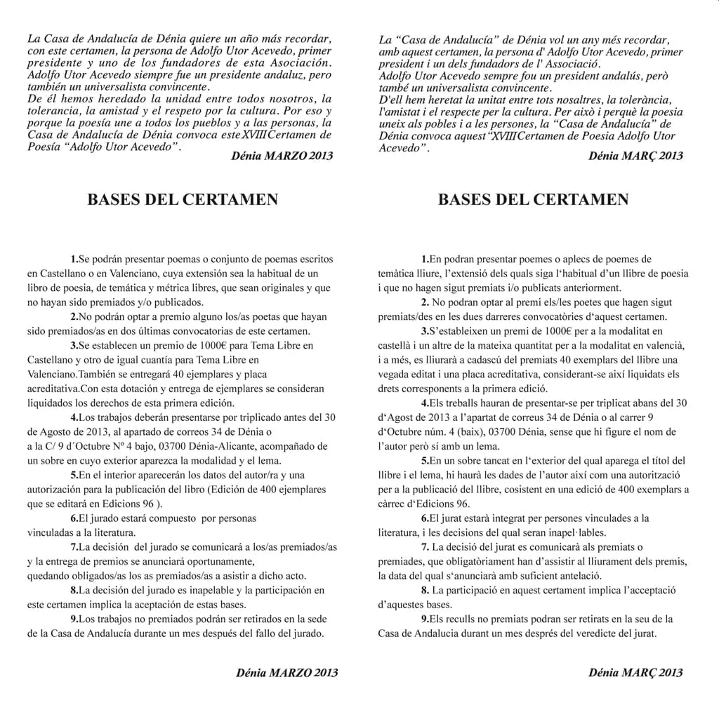 Bases del certamen de poesia Adolfo Utor Acevedo de Dénia