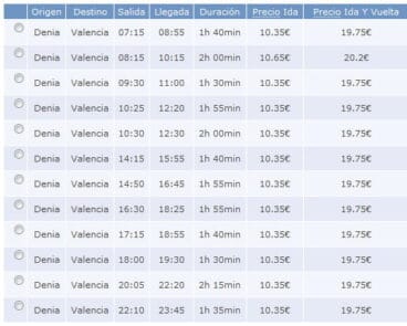 Horarios de autobuses de Dénia a Valencia con ALSA entre semana