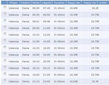 Horarios de autobuses de Valencia a Dénia con ALSA entre semana