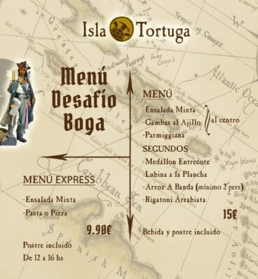 Restaurante Temático Isla Tortuga, menú diario de 9,90 y menú especial regata de 15 euros.