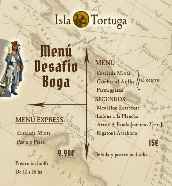 Restaurante Temático Isla Tortuga, menú diario de 9,90 y menú especial regata de 15 euros.