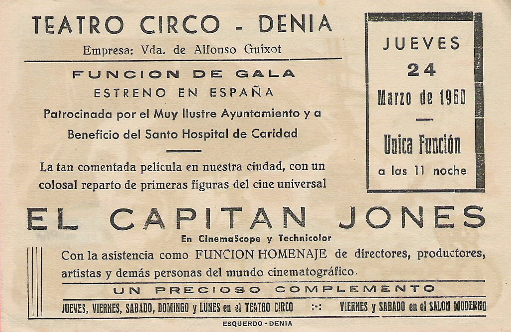 Estreno de El Capitan Jones en Dénia en 1960