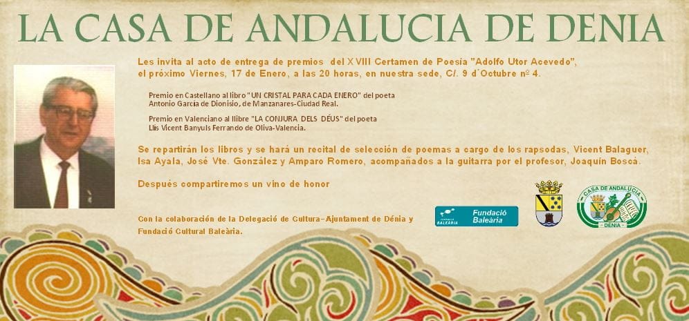 Antonio García y Lluís Vicent Banyuls ganan el premio de poesía "Adolfo Utor Acevedo" 1 XVIII Certamen de Poesía Adolfo Utor Acevedo