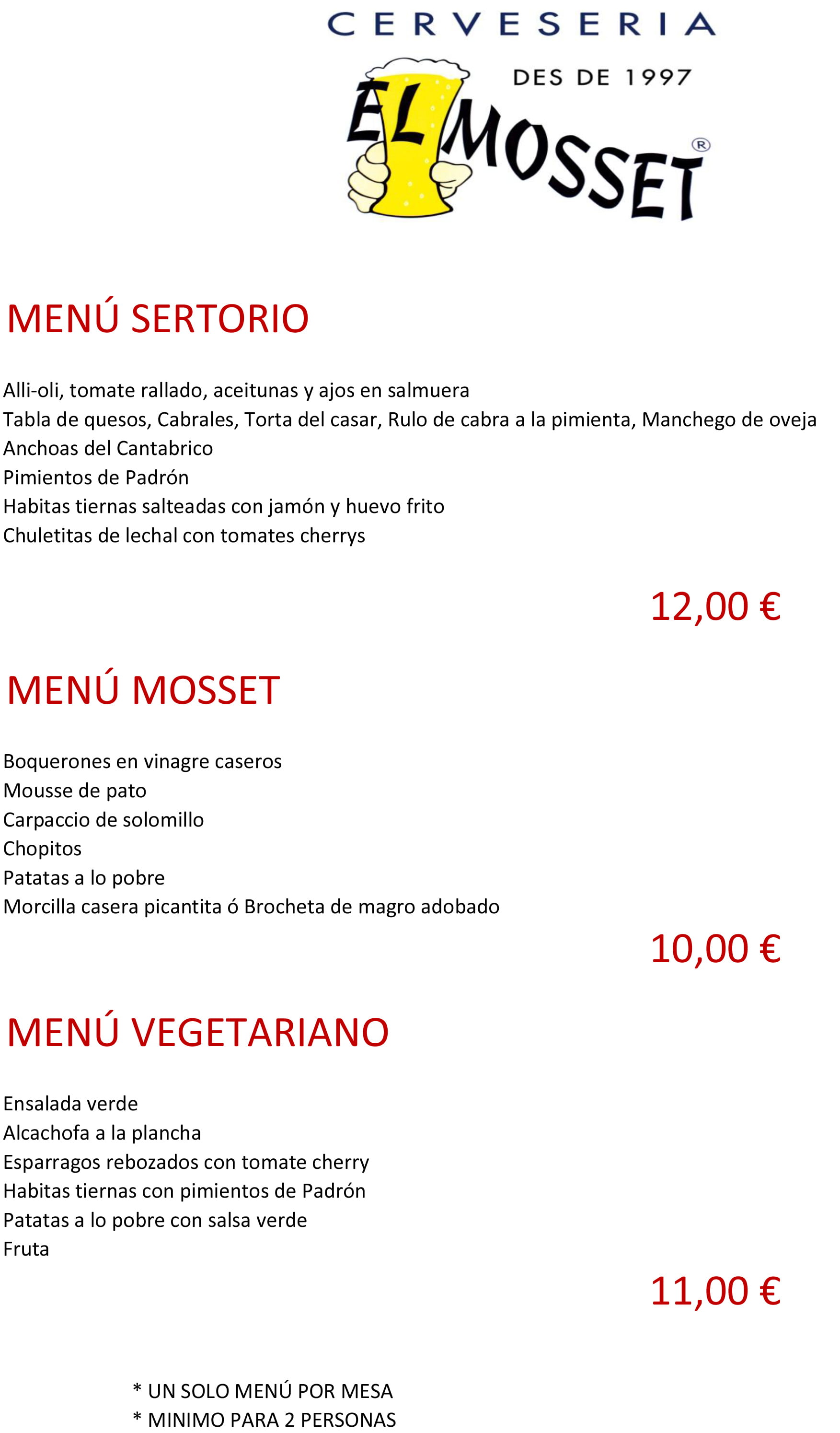 Menú vegetariano Restaurante El Mosset