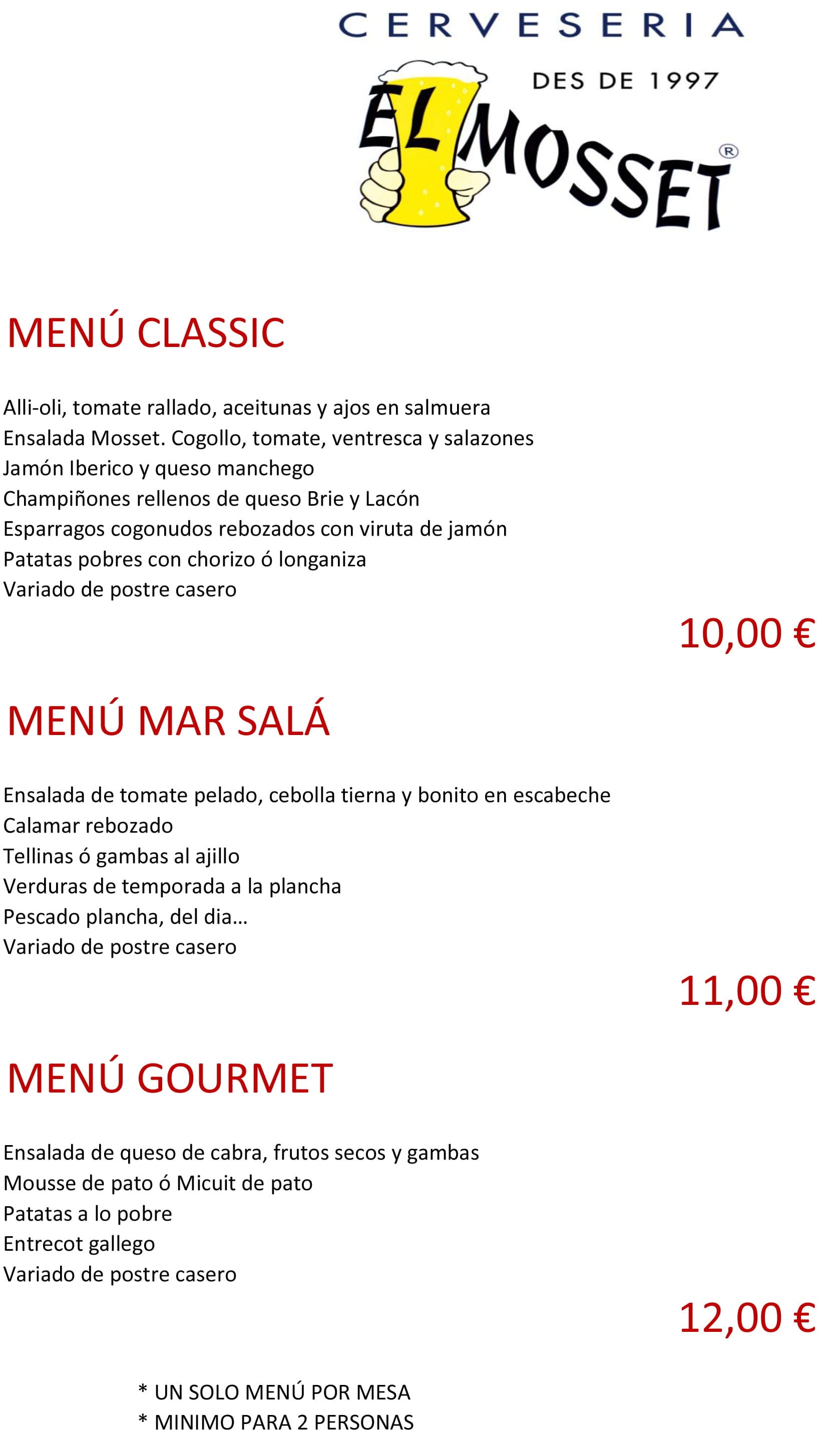 Menús clásicos El Mosset