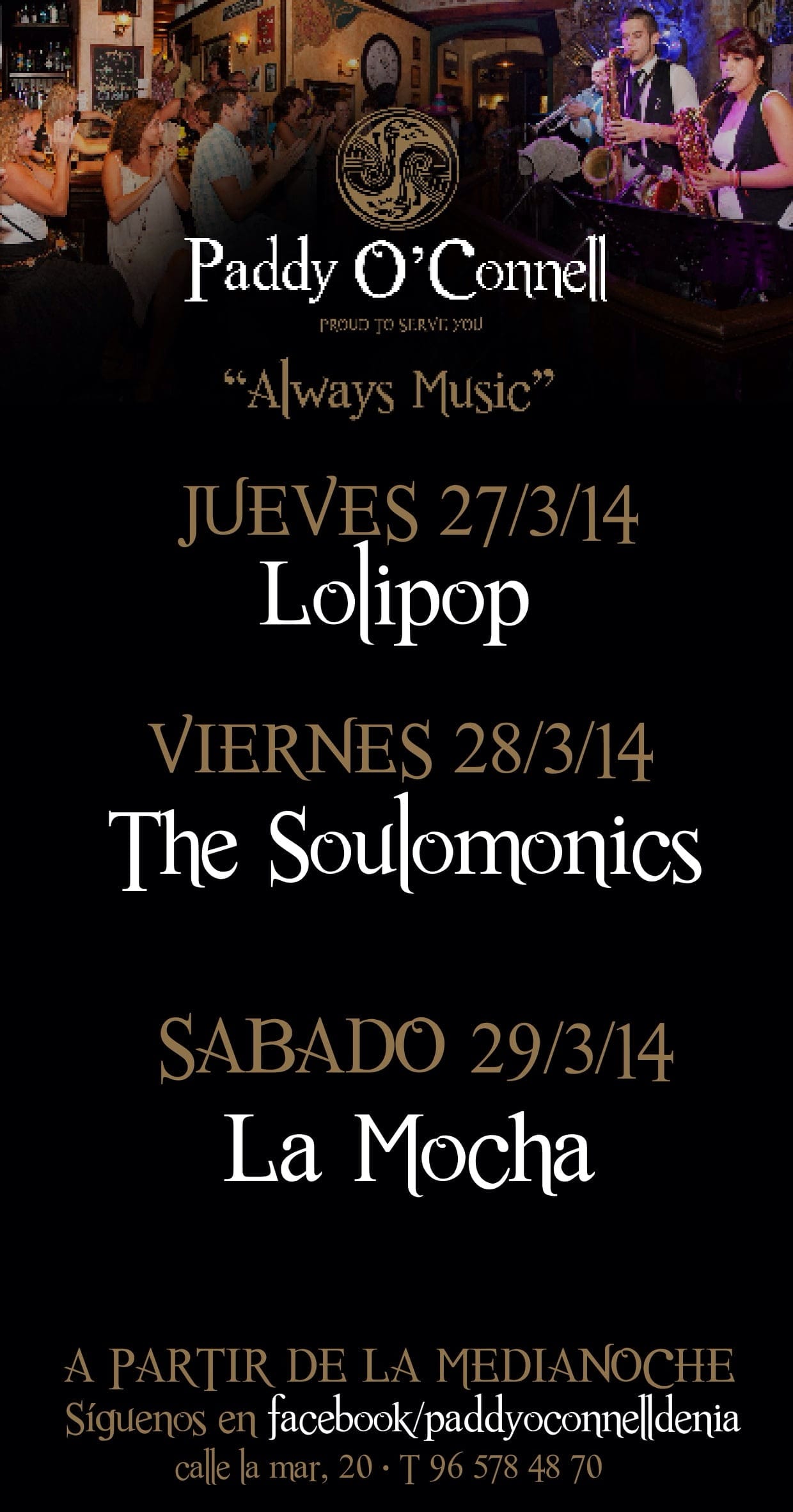 Cartel conciertos en directo 27, 28 y 29 de marzo Paddy O'Connell