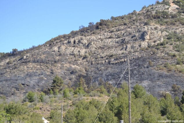 Una de las zonas afectada por las llamas en el Montgó