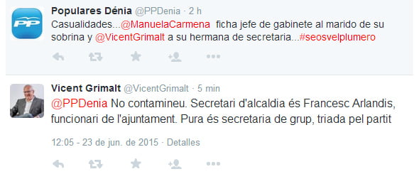 Tweet entre PP Dénia y Vicent Grimalt