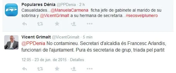 Rifirrafe ente el Partido Popular y el alcalde por la elección de la secretaria de su grupo 1 Tweet entre PP Dénia y Vicent Grimalt
