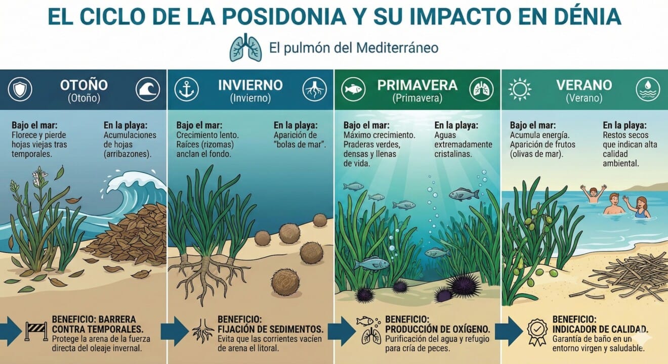Infografía detallada sobre el ciclo anual de la Posidonia oceánica y sus beneficios protectores en el litoral de Dénia