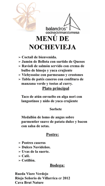 Menú de Nochevieja de Balandros