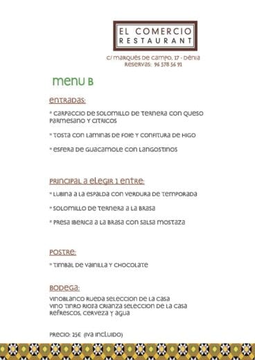Menú B Restaurante El Comercio Cenas empresa