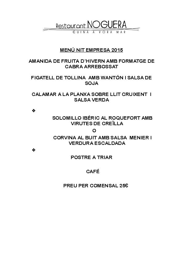 Menú cena 3 para empresas 2015 Restaurante Noguera