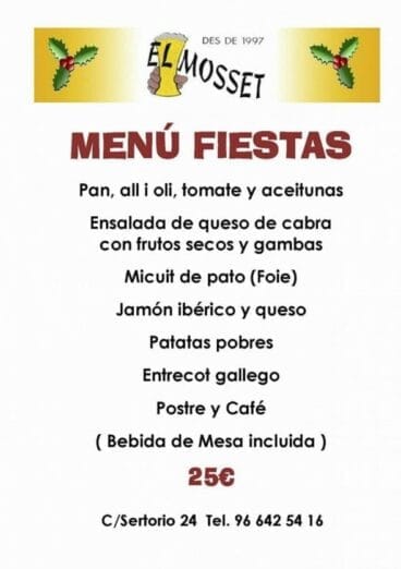 Menú para fiestas de Navidad 2015 El Mosset