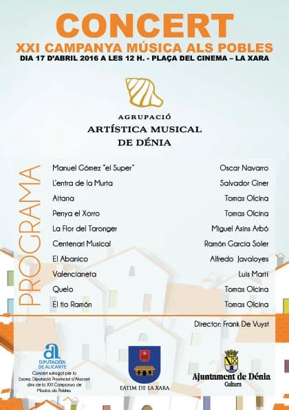 Programa del concierto de la Banda de Dénia en la Xara