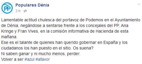 El PP denuncia "actitud chulesca" del edil de Podemos por no querer sentarse frente a sus concejales 1 Declaraciones del PP sobre la reacción de Losada