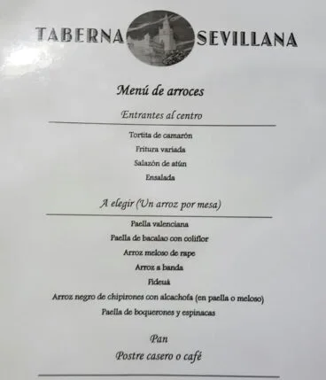 Menú de arroces Taberna Sevillana