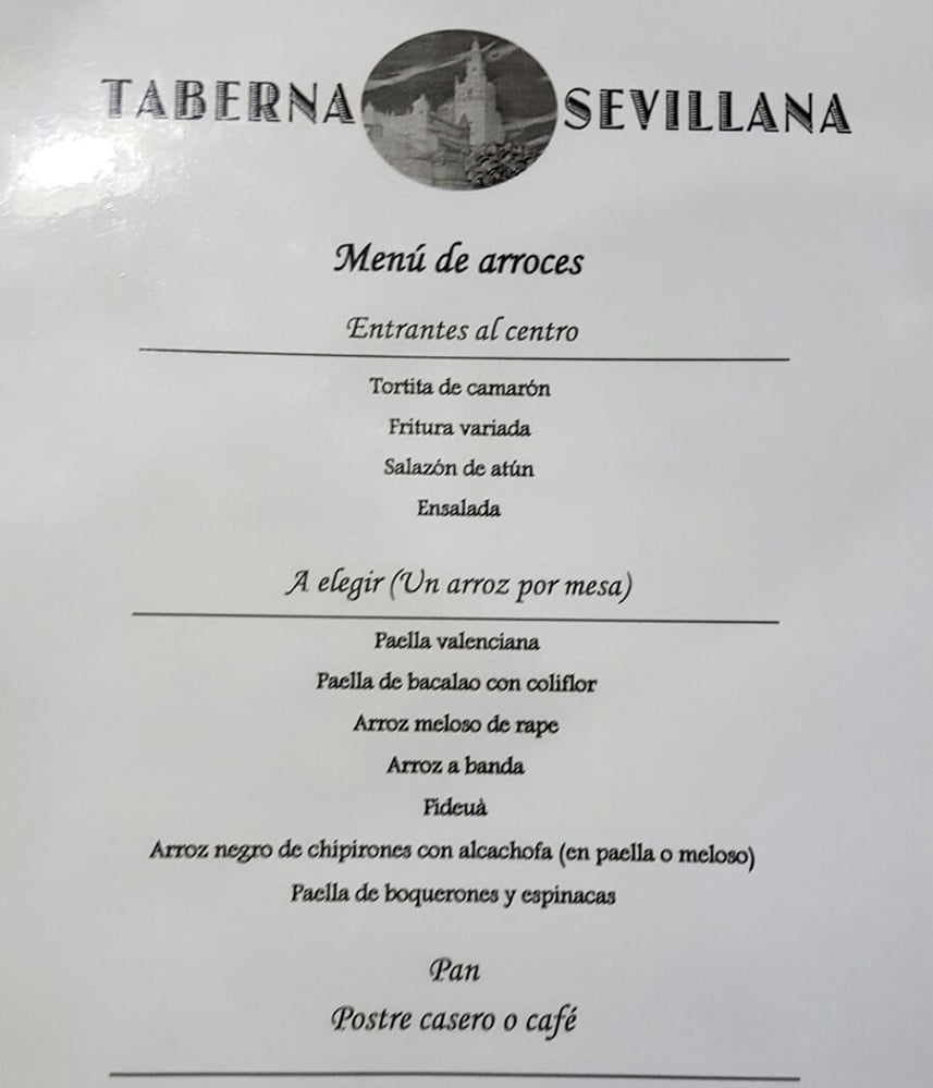 Menú de arroces Taberna Sevillana
