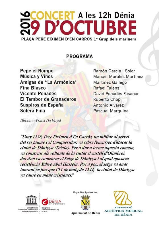 Programa del concierto de la Banda de Dénia