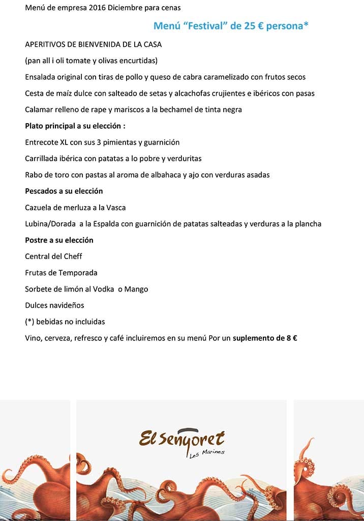 Menú empresa cenas El Senyoret Les Marines