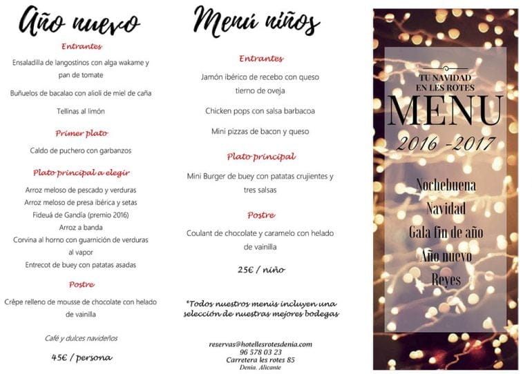 Menu uno enero Hotel Les Rotes