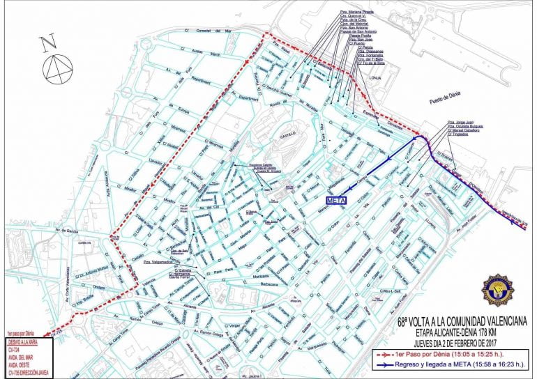 Plano de las calles cortadas por la etapa de la Volta a la Comunitat en Dénia
