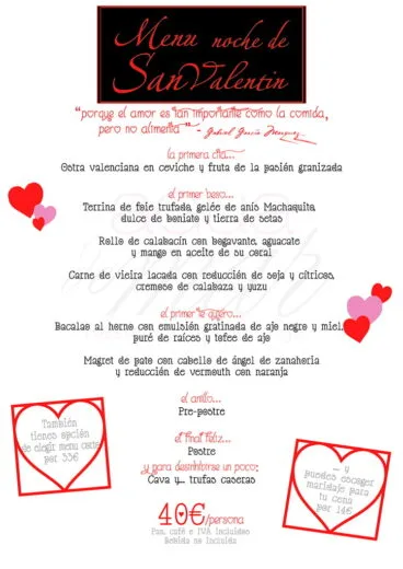 Menú de San Valentín Restaurante Agua de Mar