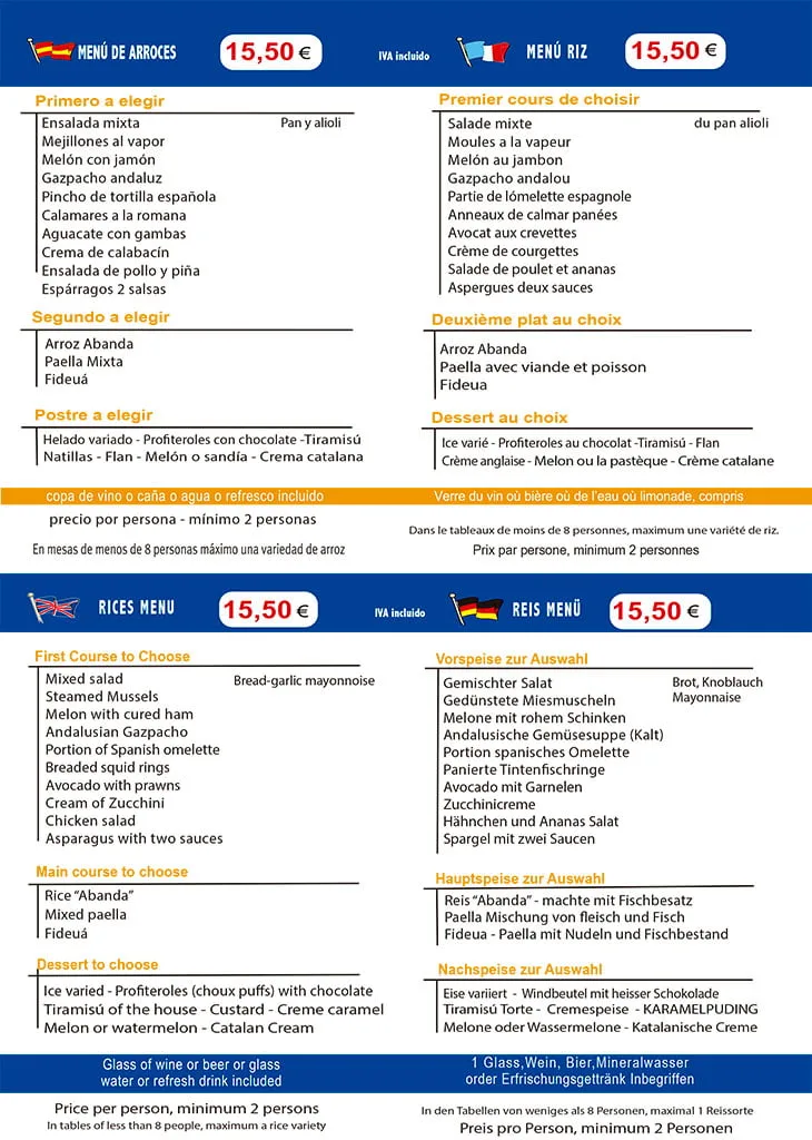 Menú arroz 15'50 Restaurante L'Anfora