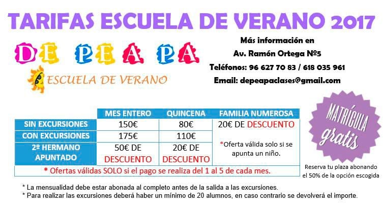 tarifas escuela de verano 2017 de pe a pa