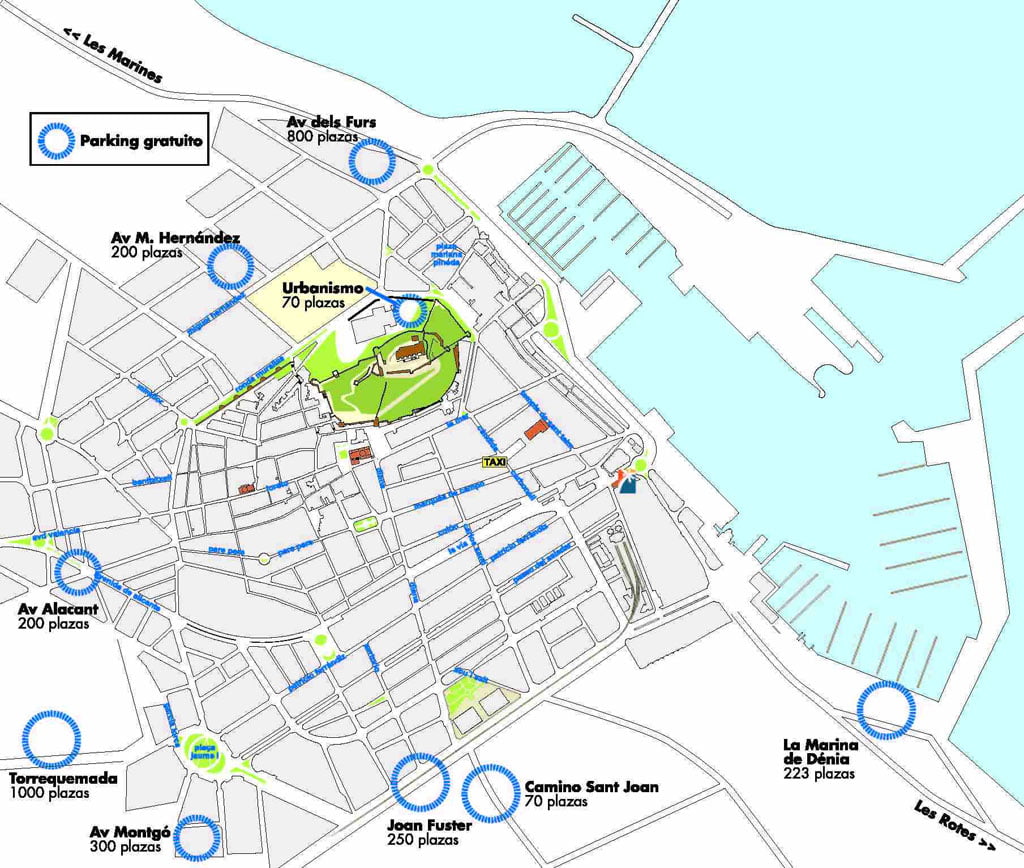 Plano de aparcamientos gratuitos en Dénia