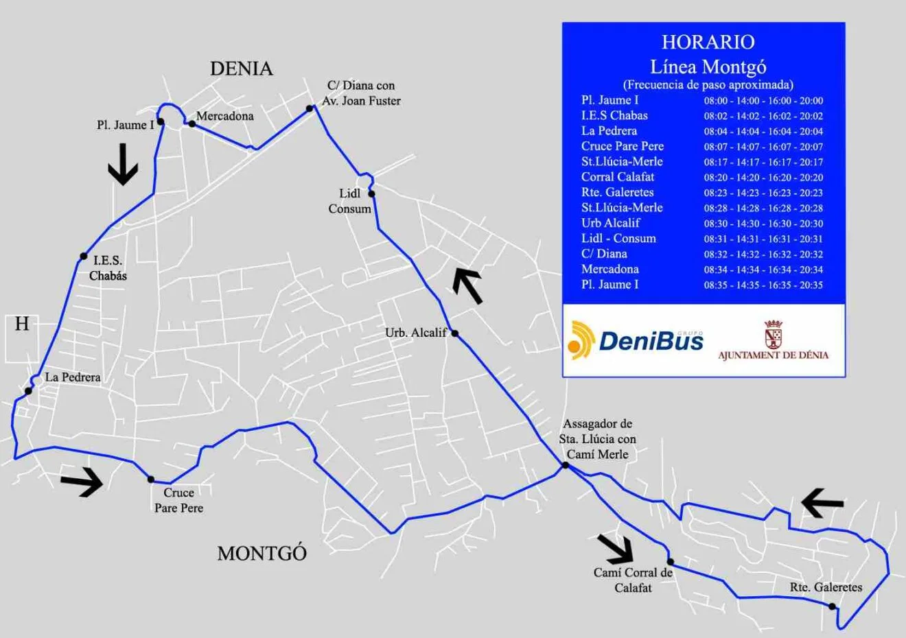 Recorrido y paradas del autobús al Montgó