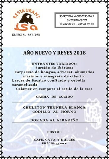 Menú de año nuevo y reyes de Restaurante Isa