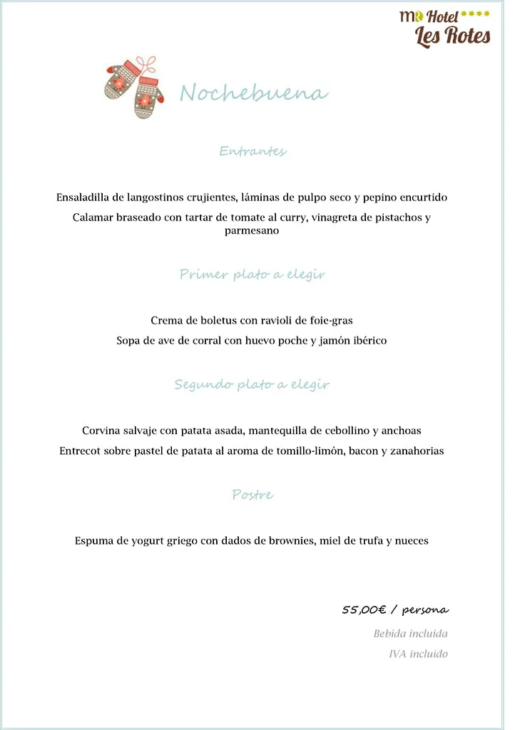 Menú de NOCHEBUENA 2017 Hotel Les Rotes