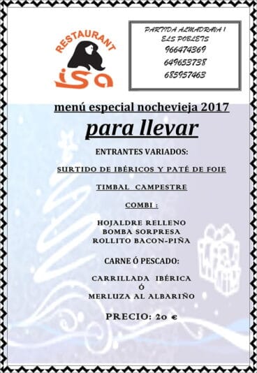 Menú nochevieja para llevar Restaurante Isa