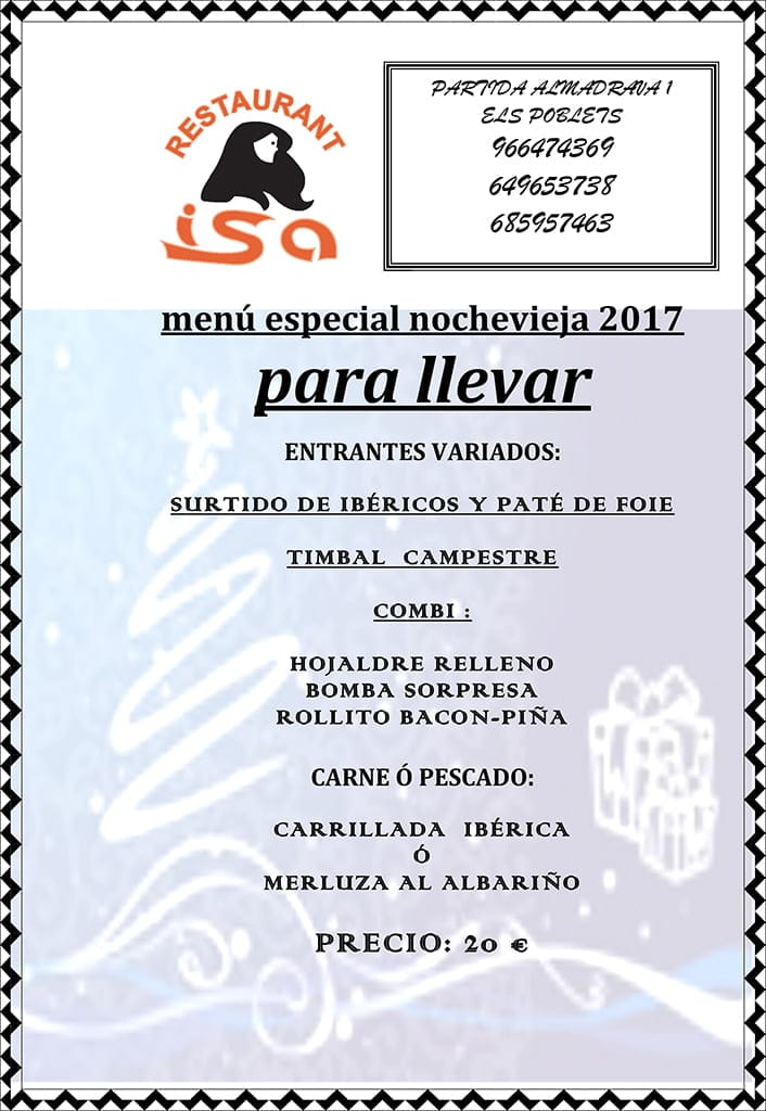 menu nochevieja para llevar restaurante isa