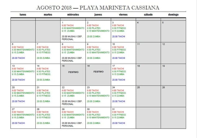 horarios deporte en la playa agosto 2018 marineta cassiana
