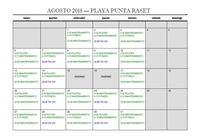 horarios deporte en la playa agosto 2018 punta del raset