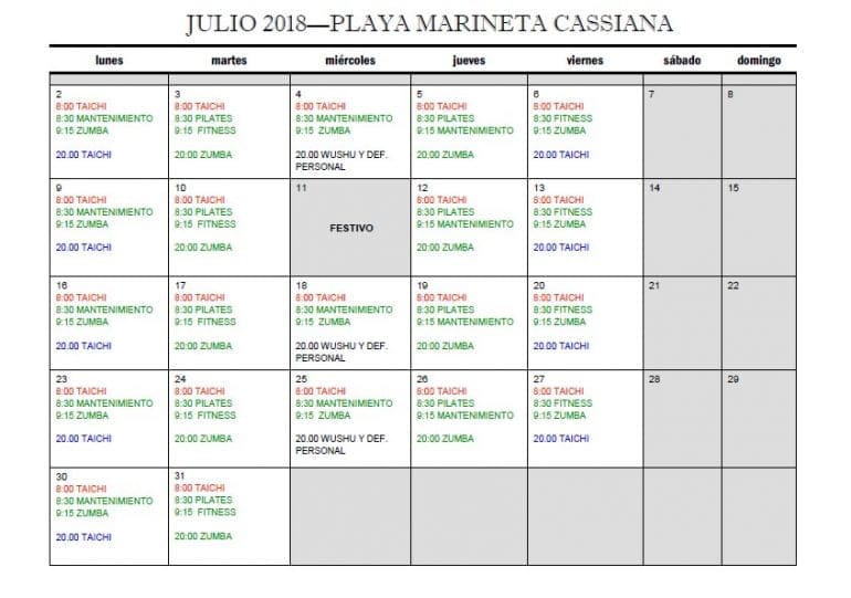 Horarios Deporte en la Playa Julio 2018 - Marineta Cassiana