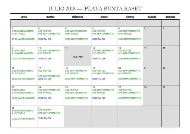 horarios deporte en la playa julio 2018 punta del raset