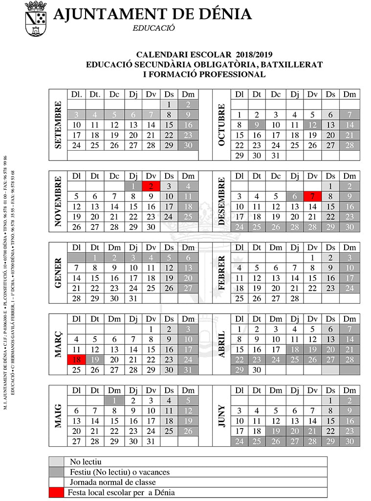 Calendario escolar 2018 2019 Dénia Secundaria y bachillerato