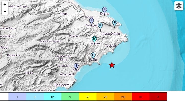 Un terremoto en el interior de la costa de Calp se hace notar en toda la Marina Alta 1 localizacion del terremoto producido en la costa de calp