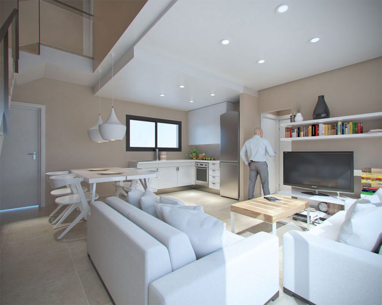 Living room and kitchen Residencial Tierra Marina