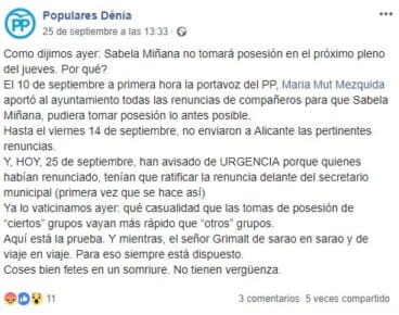 Comentario del PP en redes sociales