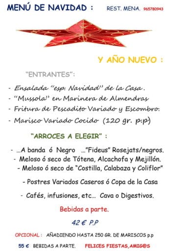 Menú Navidad y año nuevo Restaurante Mena