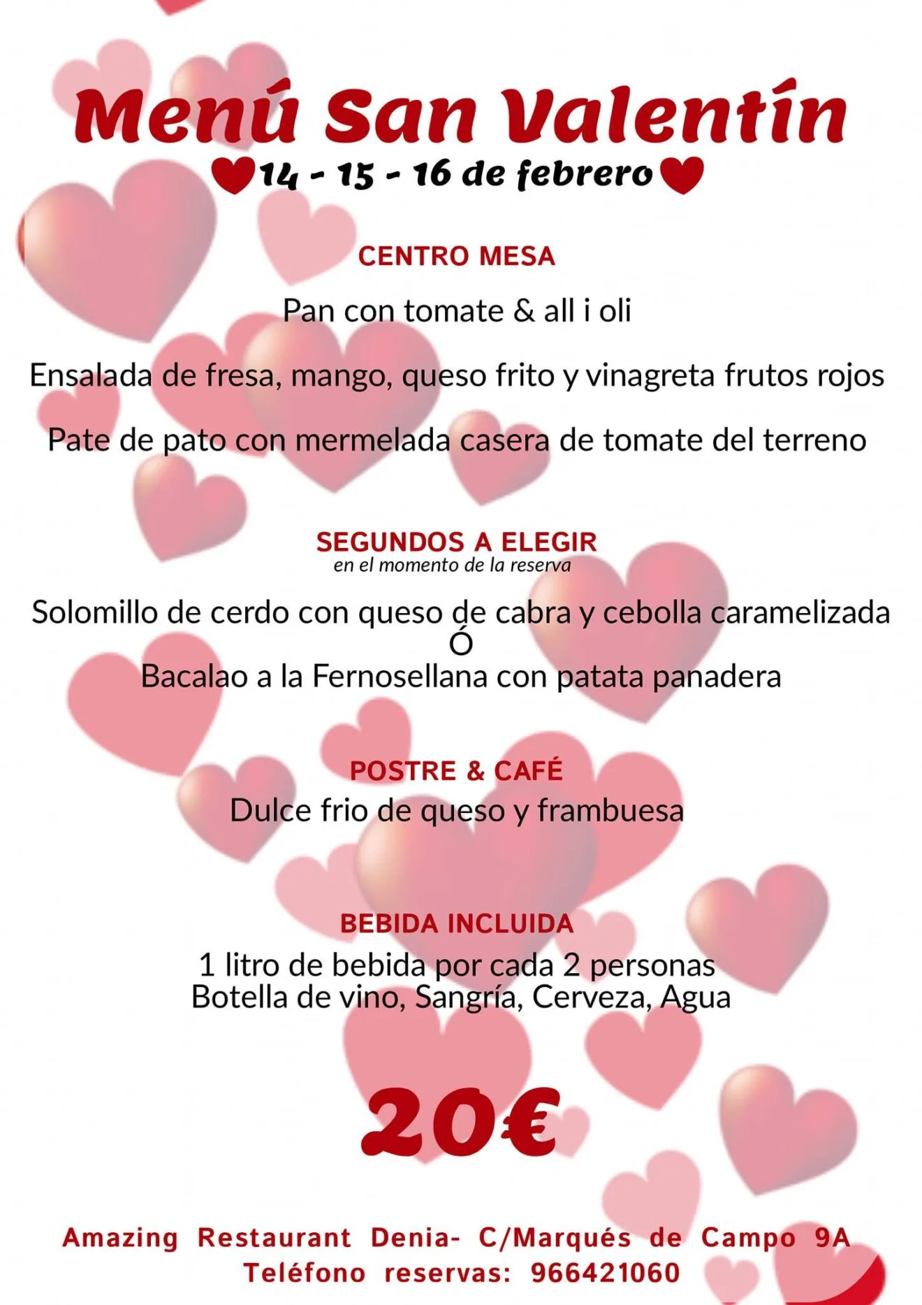 Menú de San Valentín del restaurante Amazing