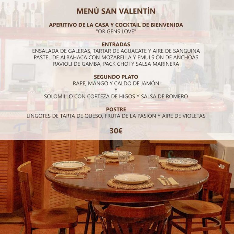 Menu de la Saint Valentin Restaurant Orígens Dénia