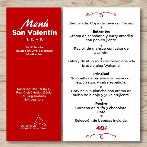 Menú de San Valentín Restaurante Balandros