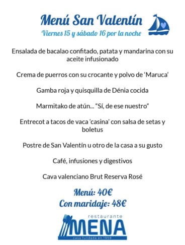 Menú especial San Valentín Restaurante Mena
