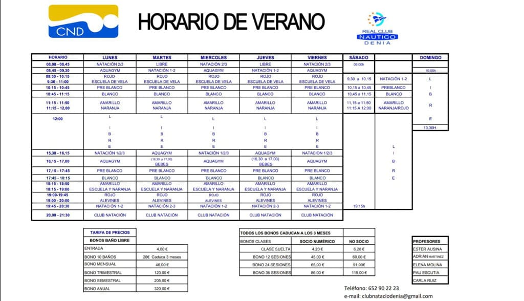 horarios verano club natacio denia